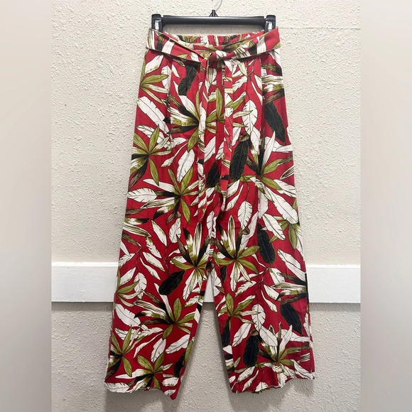 Japna Red with Tropical Leaf Print Wide Leg Tie Waist Ankle Pants Small - Picture 1 of 4